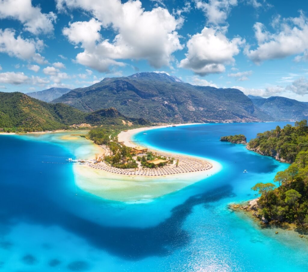 Aerial view of sea bay, sandy beach, green trees, mountain