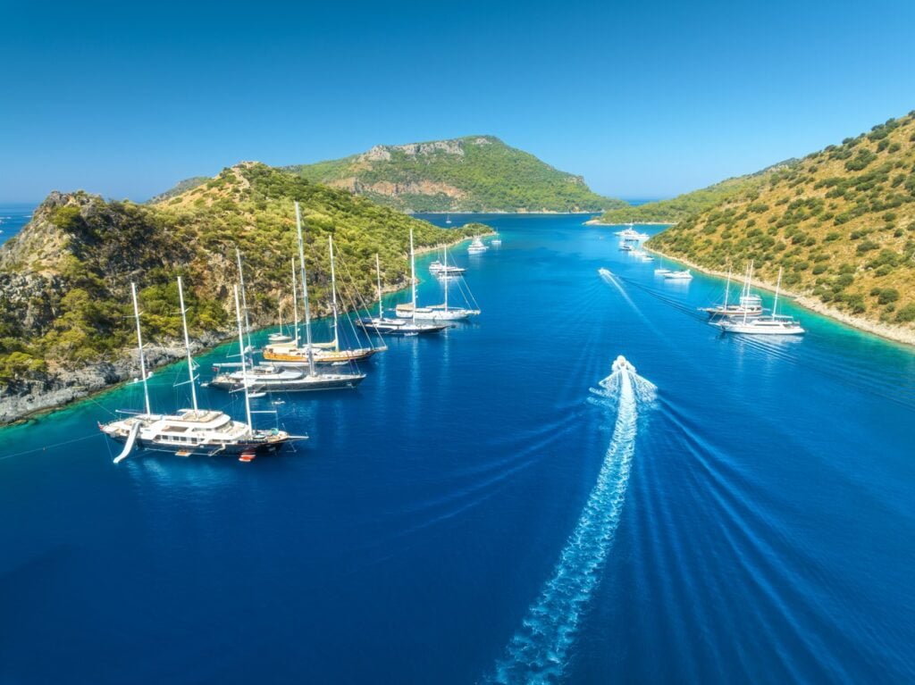 Aerial view of yachts and boats on the sea at in summer